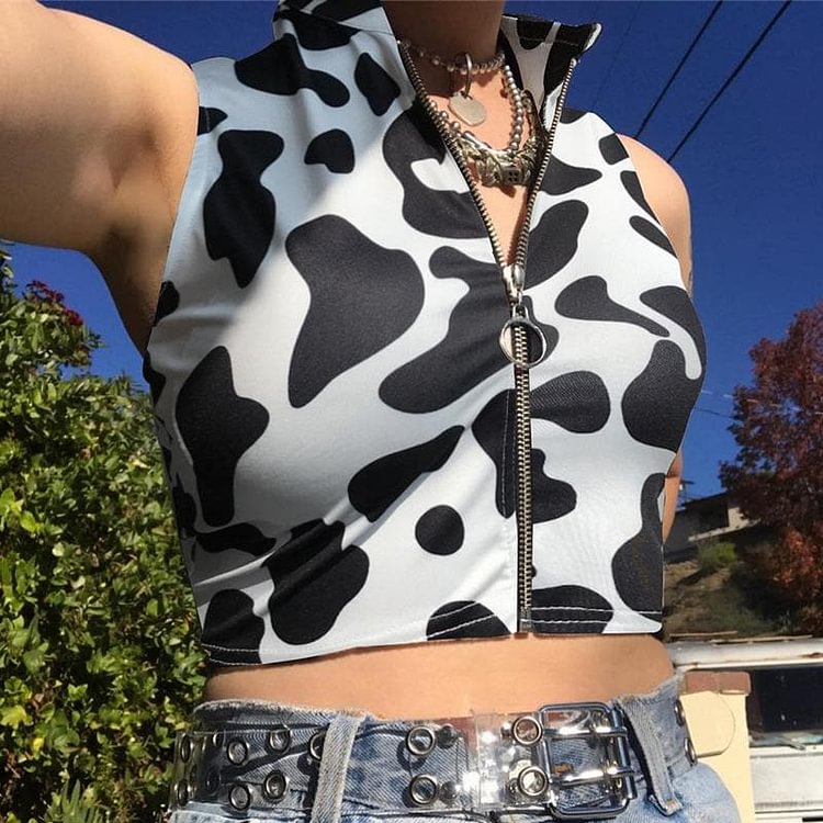 Zipper Cow Prints Vest Crop Top SP13693