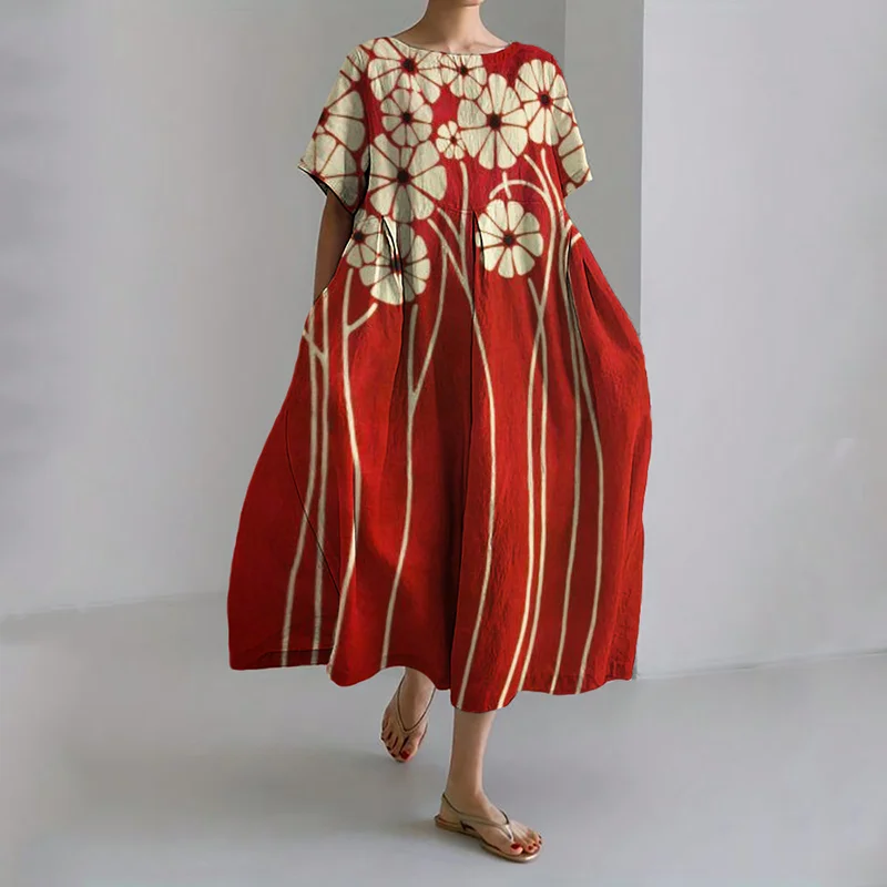 Classy Flowers Japanese Art Linen Blend Maxi Dress