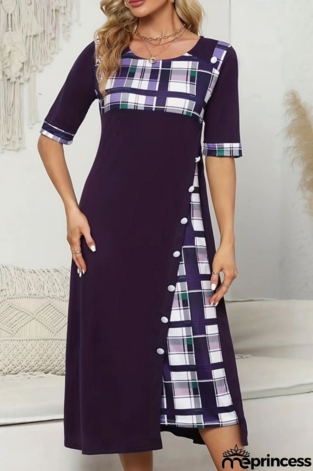 Casual Plaid Print Patchwork O Neck Short Sleeve Dress Dresses