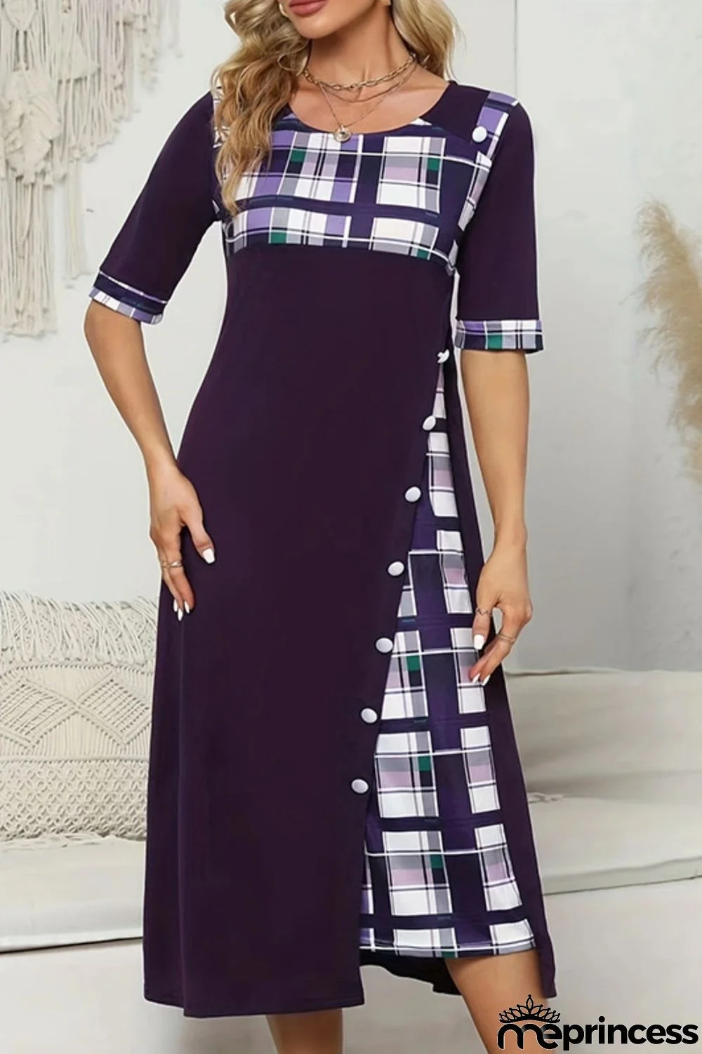 Casual Plaid Print Patchwork O Neck Short Sleeve Dress Dresses