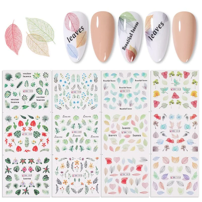 Nail Stickers Water Transfer Flowers Leafs Designs 12Pcs/Set Nail Decal Decoration Tips For Beauty Salons-Nail Inspo