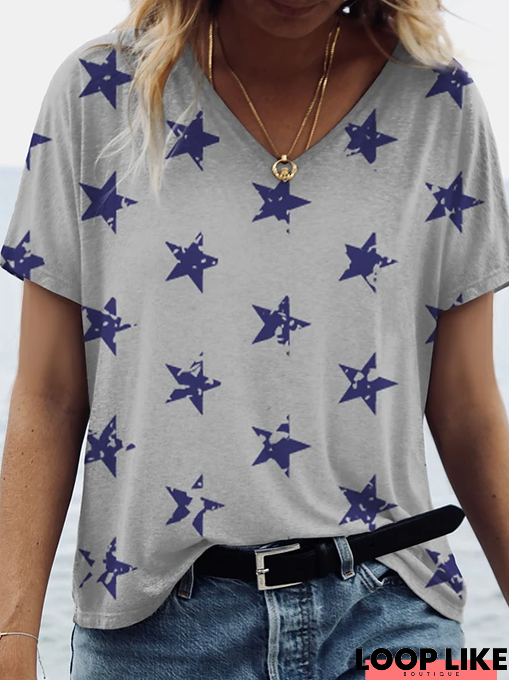 Printed V Neck Casual Short Sleeve Top