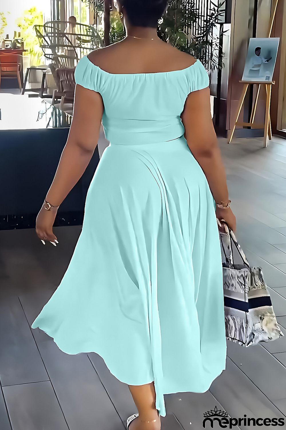 Blue Elegant Solid Patchwork Draw String Buckle Off the Shoulder Short Sleeve Two Pieces