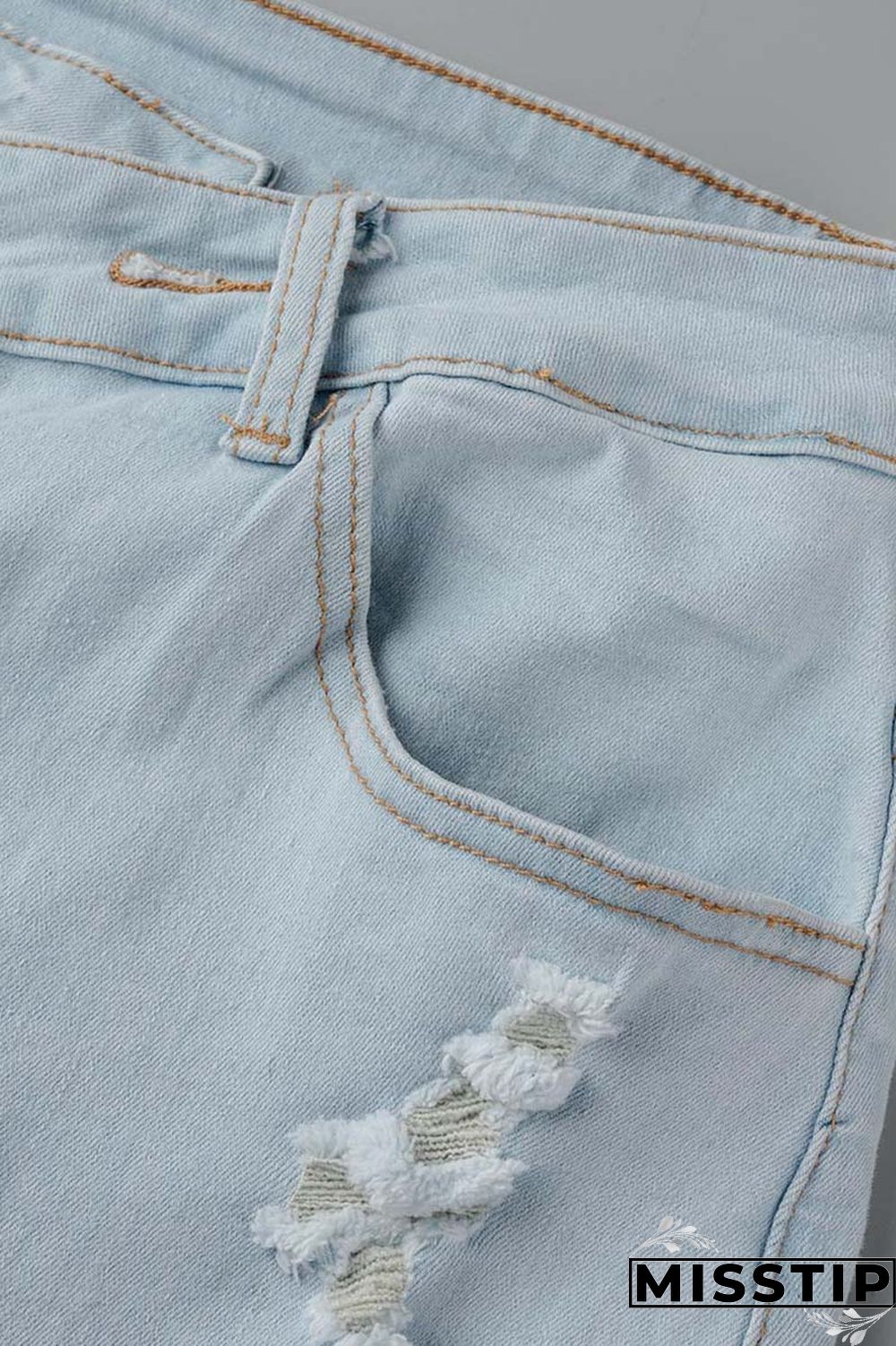 Blue Casual Solid Ripped Patchwork High Waist Regular Denim Jeans