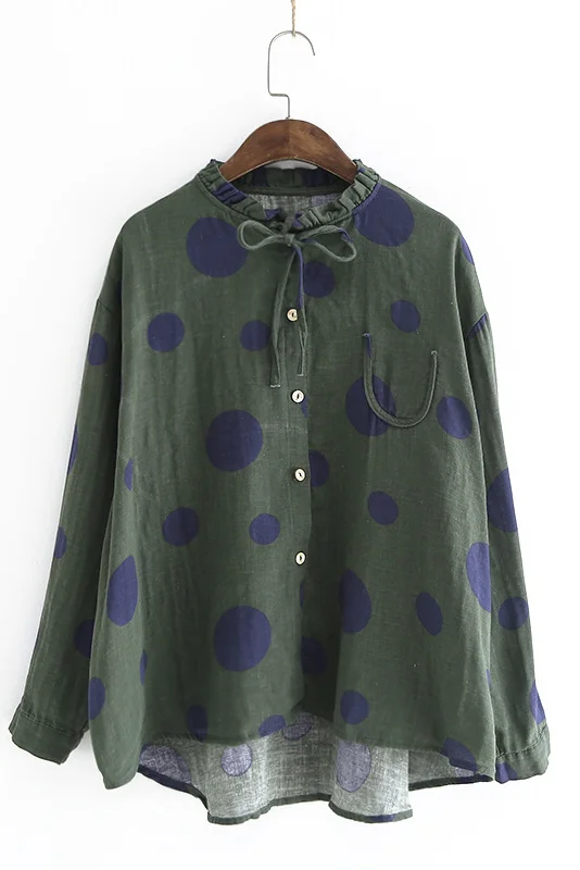Plus Size-Linen Polka Dot Print Shirt Long-sleeved Loose Top Women