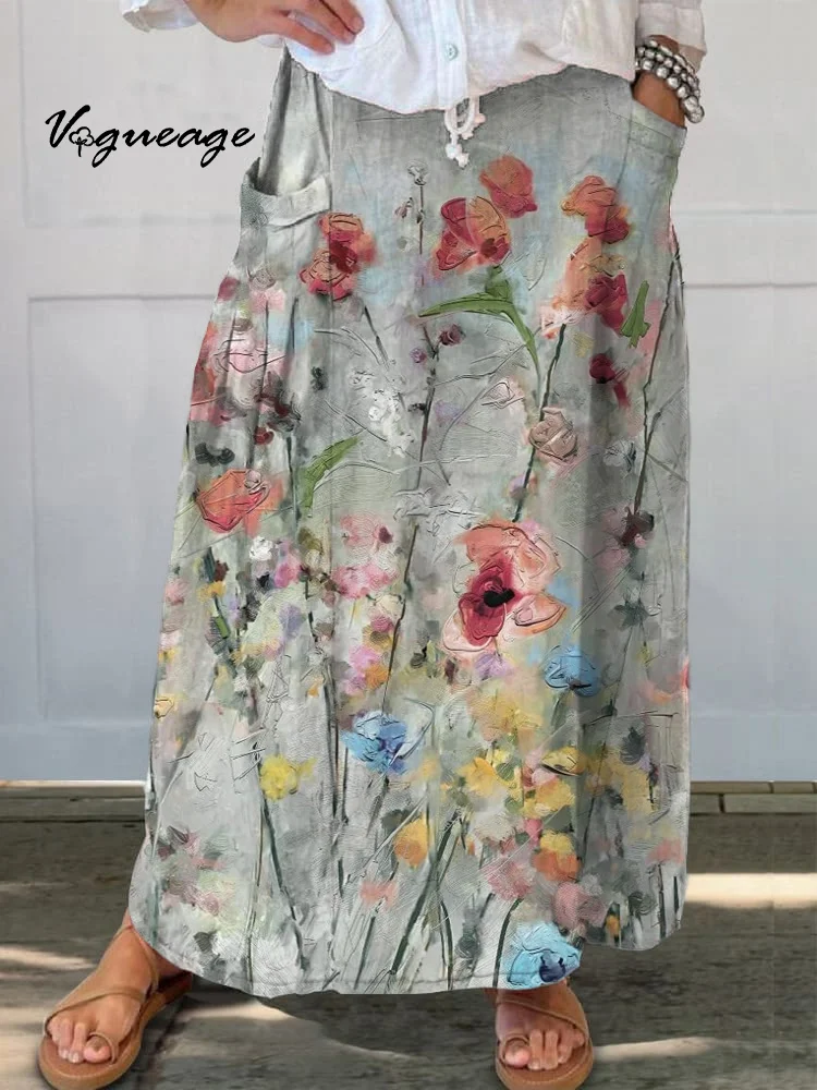 Ink Flowers And Plants Printed Women's Casual Cotton And Linen Skirt
