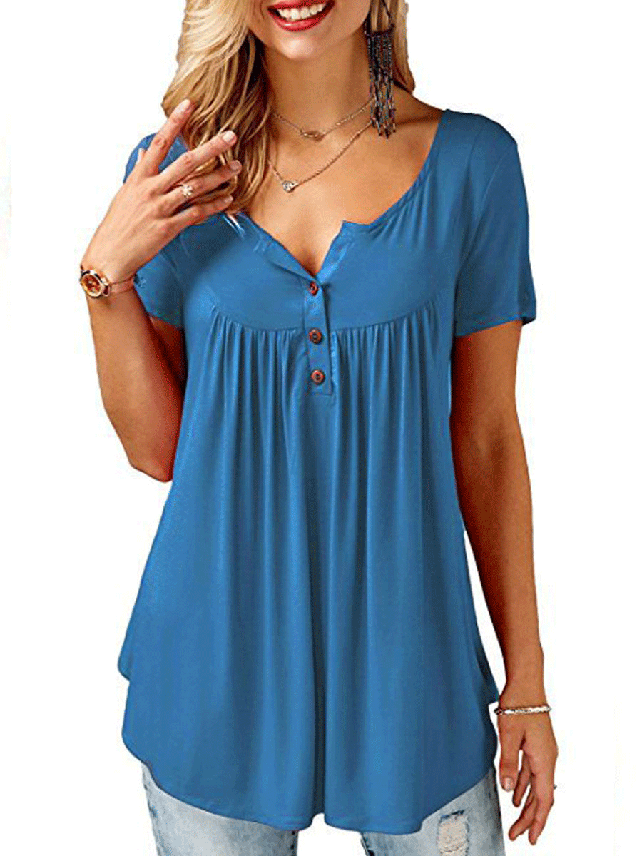 V-Neck  Asymmetric Hem Button Short Sleeve T-Shirts