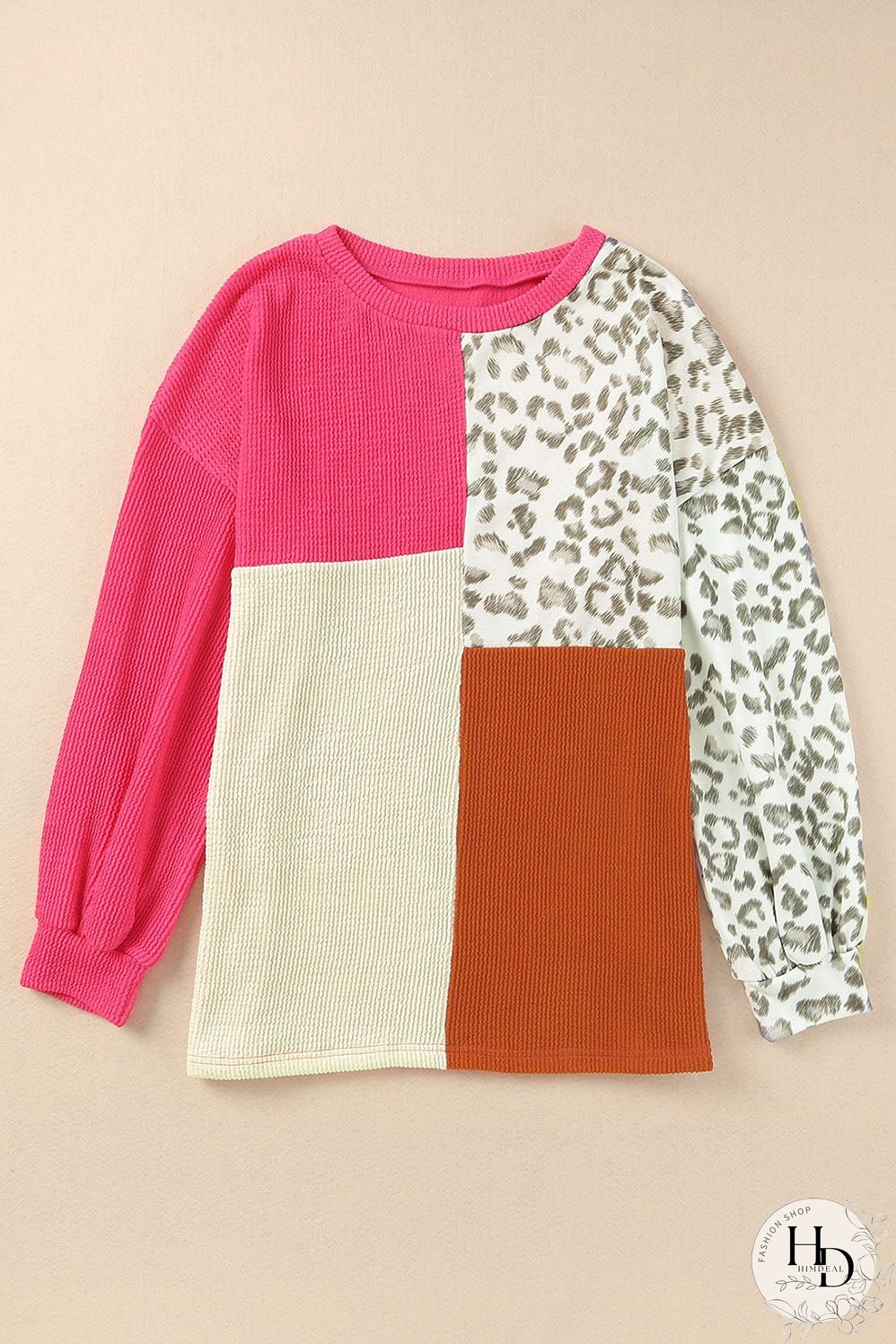 Pink Leopard Patchwork Color Block Ribbed Top