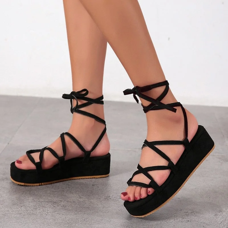 2023 Women Gladiator Cross Tie Sandals Ladies Casual Open Toe Shoes Female Thick Bottom Platform Comfortable Flat Big Size