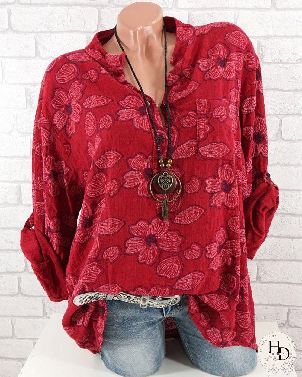 Women Floral Print Long Sleeve V Neck Blouse Chiffon Casual Tops Plus Size