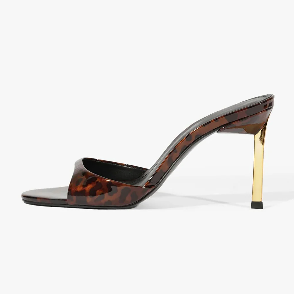 Brown & Black Patent Leather Tortoiseshell Pattern Mule Heels