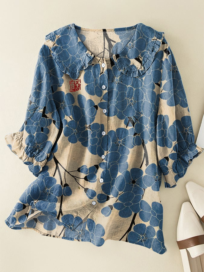 Japanese Ruffle Pattern Japanese Sakura Cotton and Linen Peter Pan Ruffle Collar Shirt
