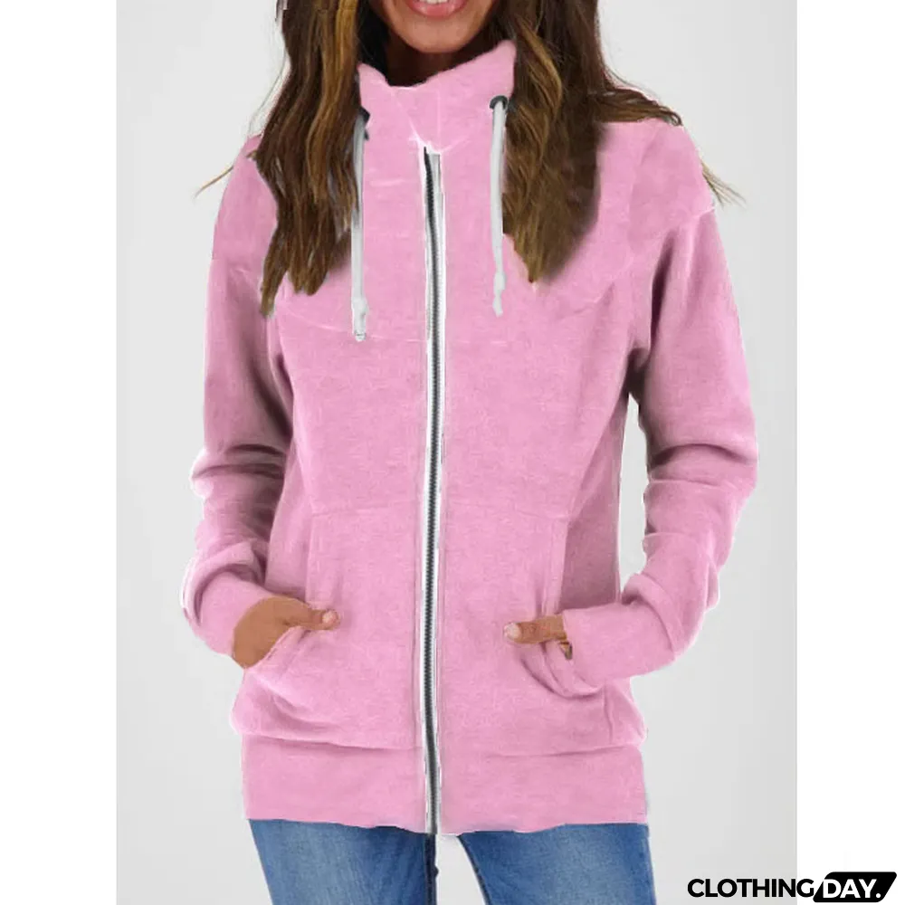 Fall Winter Women's Casual Long Sleeve Fleece Zip High Neck Sweatshirt