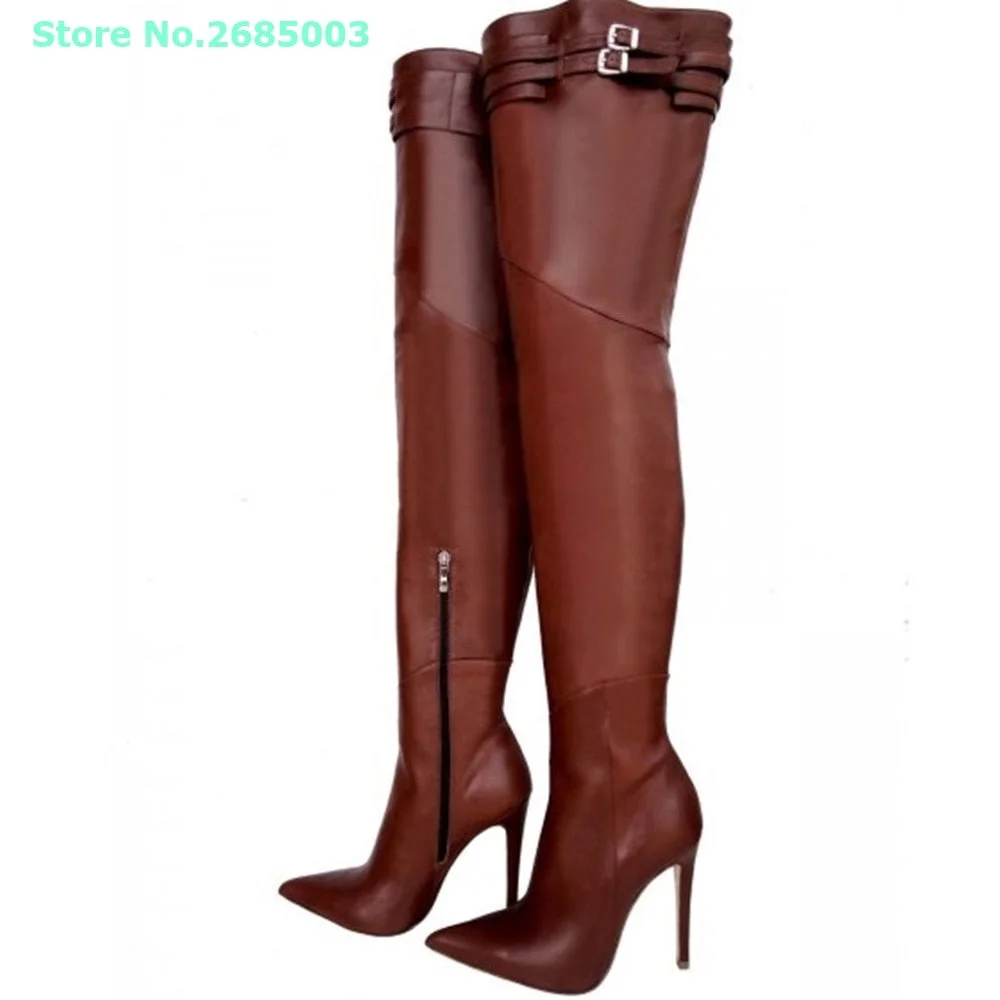 Brown Buckle Thigh High Boots Pointed Toe Thin High Heels Side Zipper Solid Leather Autume Winter Boots Women Party Dress Shoes