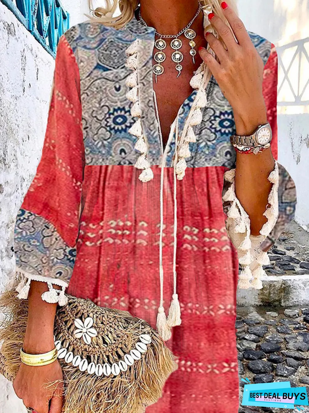 Casual Loosen Tribal Long Sleeve Woven Dress