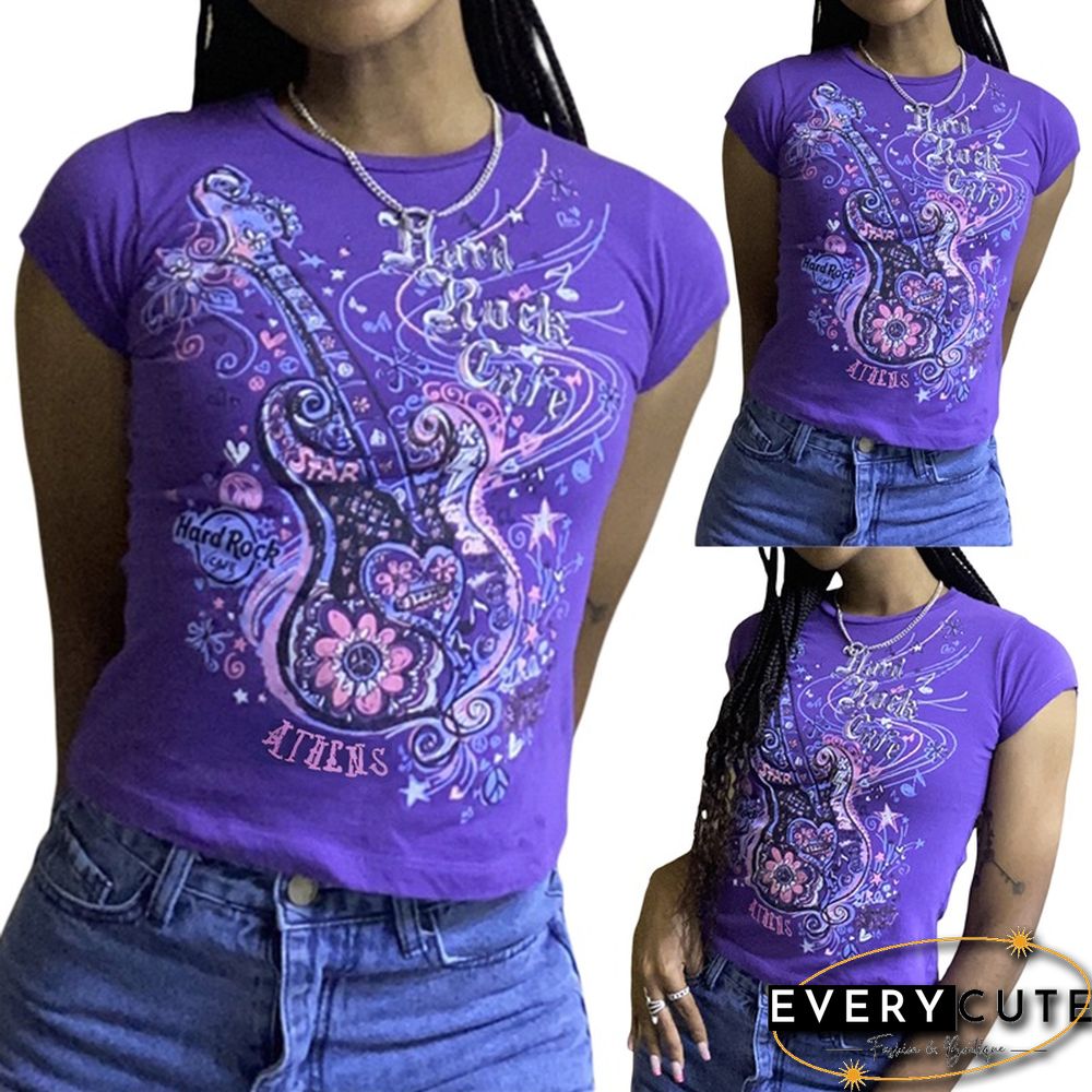 Women Guitar Letter Print Tops Cute Short Sleeve T Shirt Chic Wild Round Neck Tee Aesthetic Harajuku Clothes