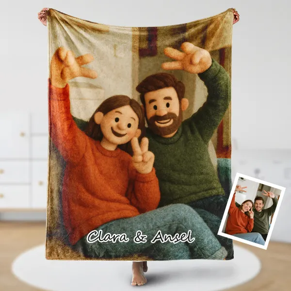Custom Cartoon Blanket &ndash; Personalized 3d Effective Wool Felt Style Blanket With Photo & Name | Unique Gift For Couples & Lovers & Family