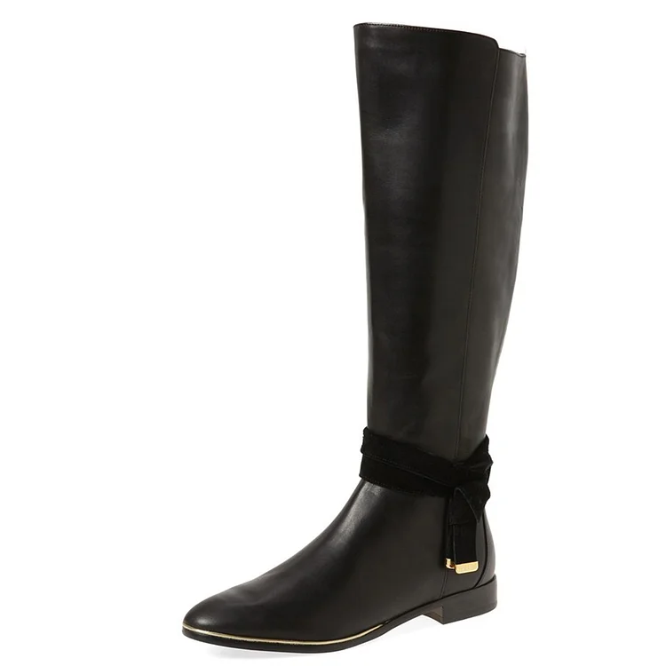 FSJ Black Flat Boots Pointy Toe Knee Boots with Tie |FSJ Shoes