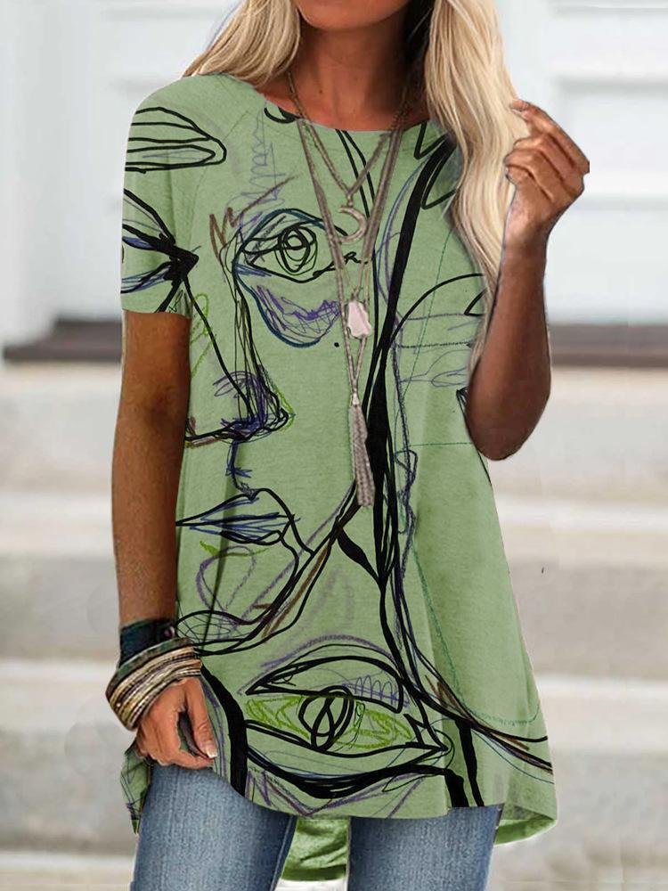 Women's Fashion Short Sleeve Floral Printed Geometric T-shirt