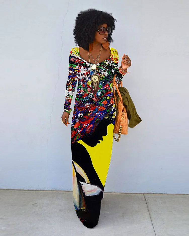 Colorful Afro Art Oil Painting Crew Neck Long Sleeve Dress
