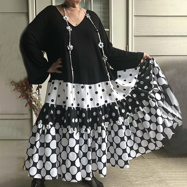 Casual Loose Stitching Polka Dot Printed Cotton Linen Maxi Dress