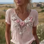 Bohemian Retro Style Plant Flower Design Women's  Linen Short-sleeve Shirt - Image 2