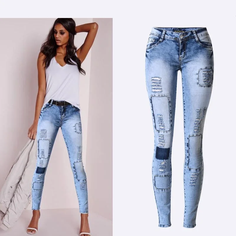 Graduation Gifts  Summer Style Low Waist Sky Blue Patchwork Skinny Tights Women Pencil Jeans High Stretch  Push Up Denim Women Fashion Jeans
