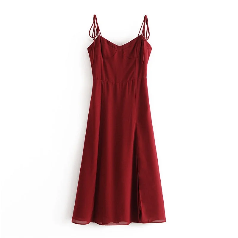 Aachoae Women Sexy Spaghetti Strap Split Dress Sleeveless Backless Party Midi Dress Ladeis A Line Chic Wine Red Dresses Summer