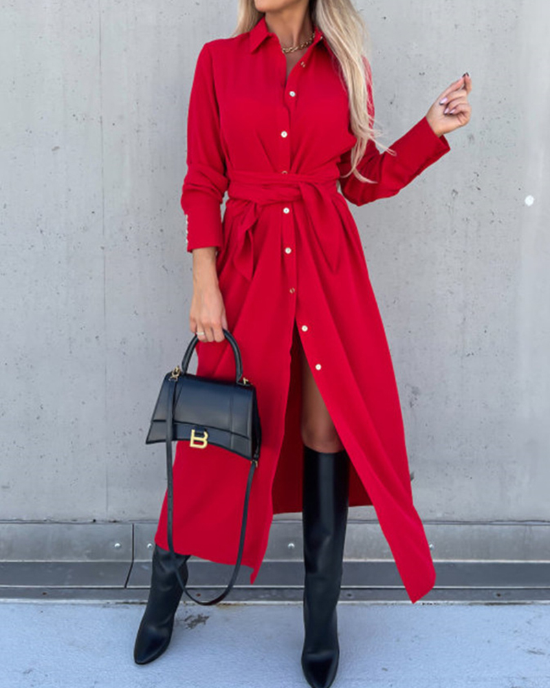 Tie Waist Split Long Sleeve Button Down Front Shirt Dress