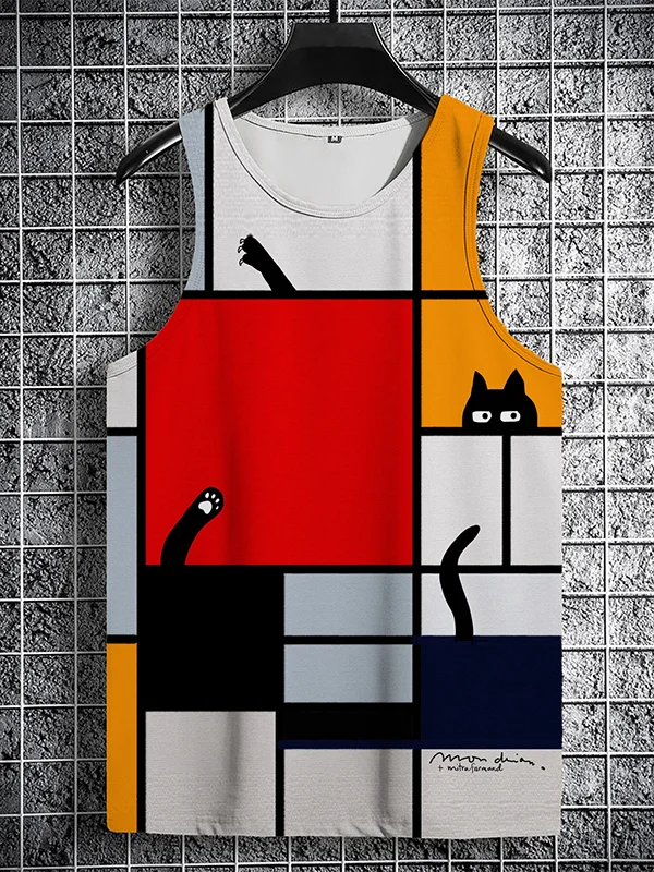 Men's Multicolor Block Mondrian Cat Art Print Casual Tank Top