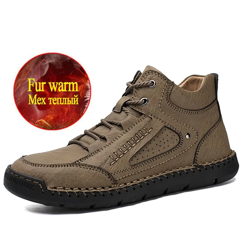 Winter Men's Boots Soft Leather Men's Snow Boots Plush Warm Men's Ankle Boots Handmade Leather Men's Motorcycle Boots Work Shoes