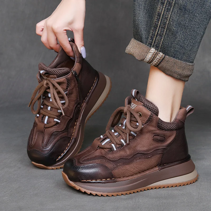 Yyvonne Layer Of Cowhick Retro Thick-Soled Casual Shoes Autumn New Set Of High-Shoe Shoes Soft Soles Short Boots