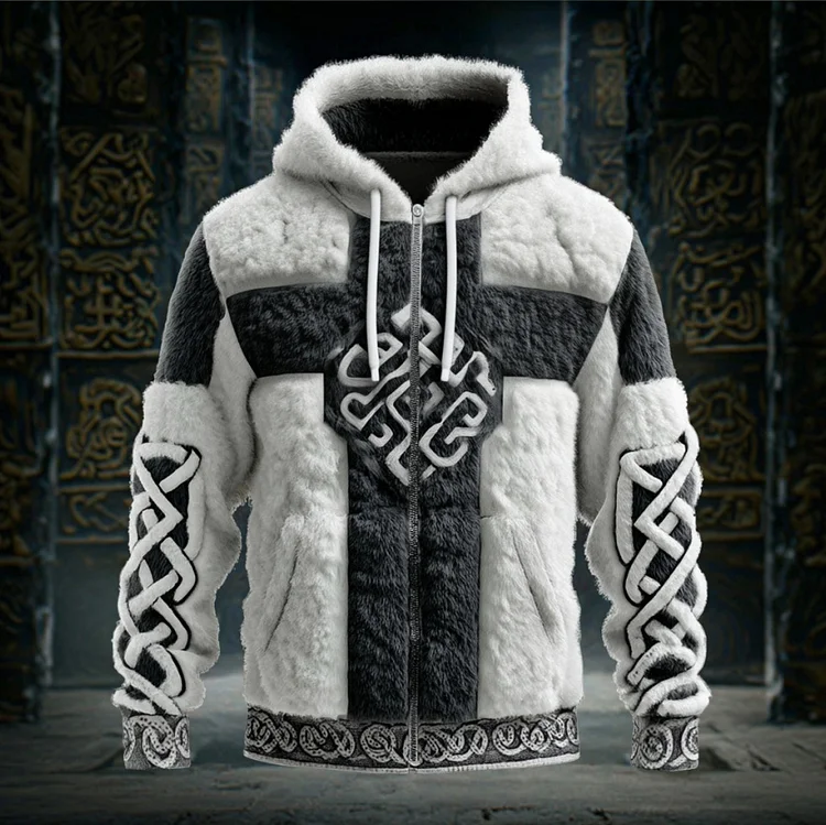 Men's Viking Celtic Knot Color Block Flannel Warm Hooded Jacket