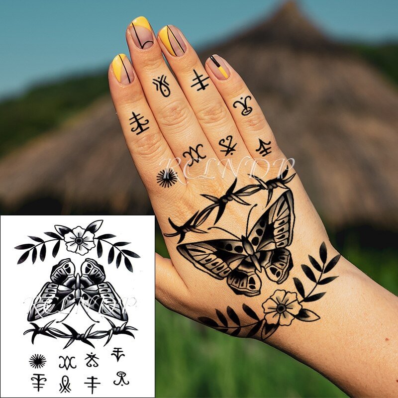 Gingf Temporary Tattoo Stickers Dark Butterfly Flower Rattan Symbol In Hand Fake Tatto Flash Sticker Tatoo for Women Men