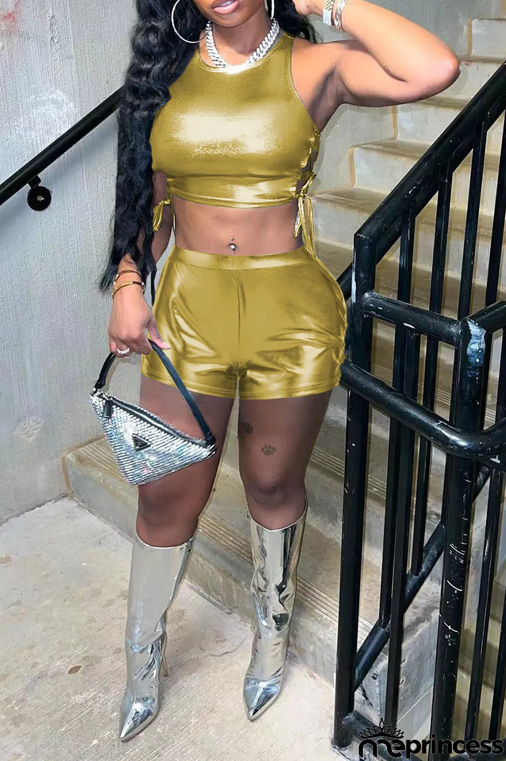 Blue Sexy Solid Bronzing Draw String O Neck Sleeveless Two Pieces