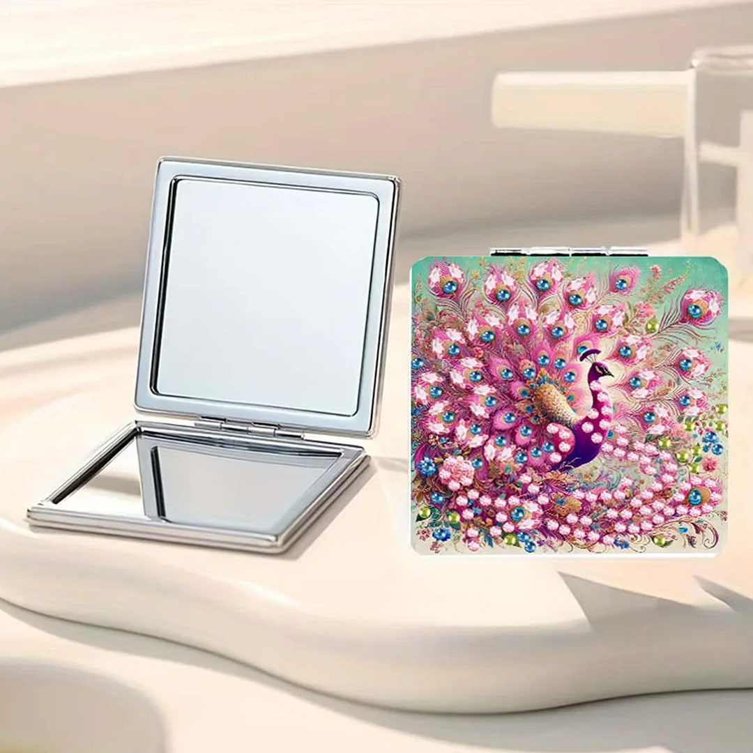 Pink Peacock DIY Special Shaped Diamond Painting Compact Mirror Kits Diamond Art Painting Pocket Mirror for Adults and Beginners