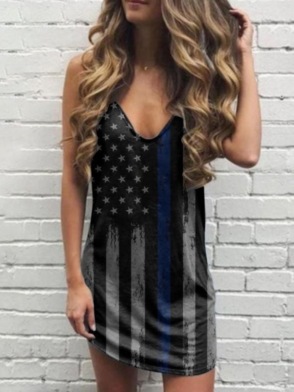 American Flag Star Striped Print  Sleeveless Mini Dress