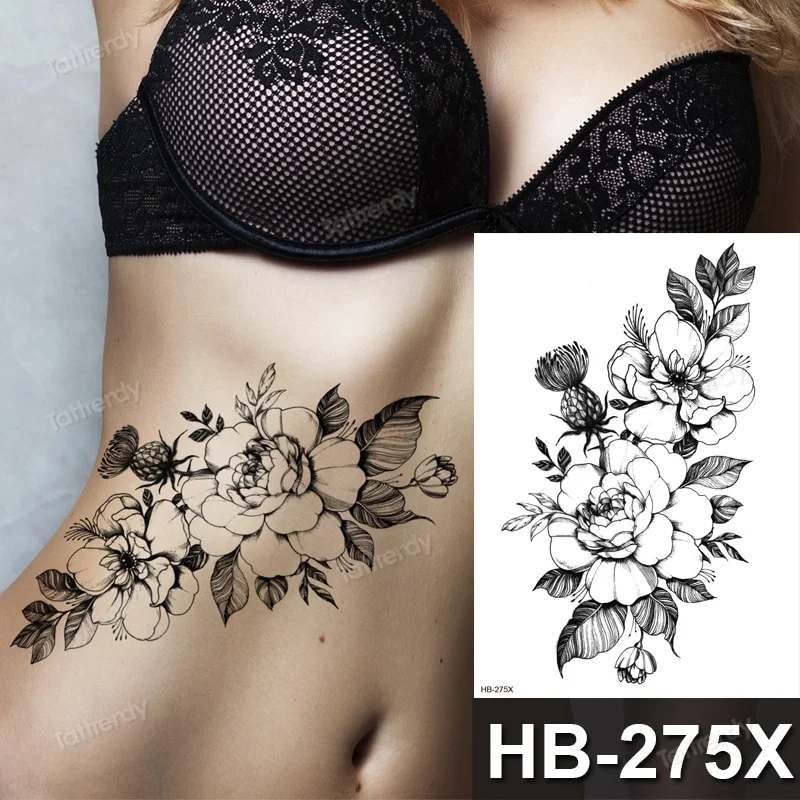 Sdrawing henna black lace mandala flowers sexy waterproof temporary tattoo for women thigh body tattoo sketch flower rose peony big