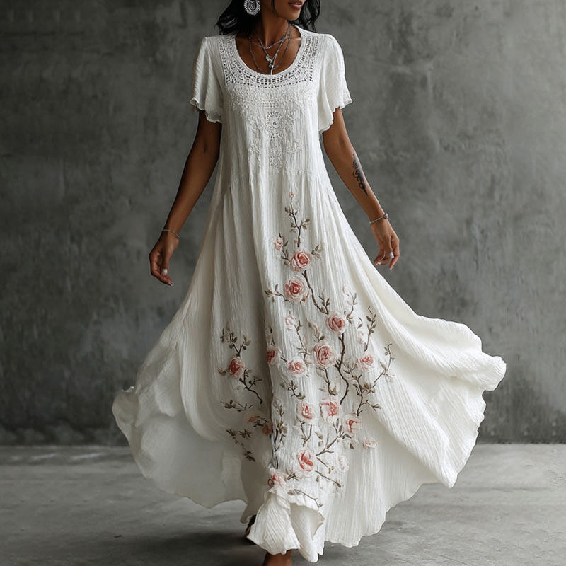 Comstylish Vintage Rose Floral Art V Neck Linen Maxi Dress