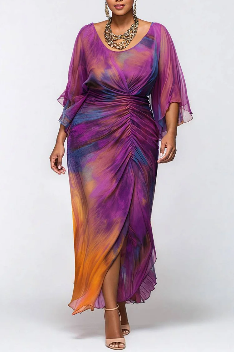 Xpluswear Design Plus Size Cocktail Party Purple Tie Dye Round Neck Flare 3/4 Sleeve Ruched Chiffon Maxi Dresses Purple-2XL/18-20