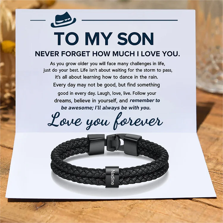 Personalized To My Son Braided Leather Bracelet Gift Set Engraved 1 Name Men's Bracelet Gifts For Son