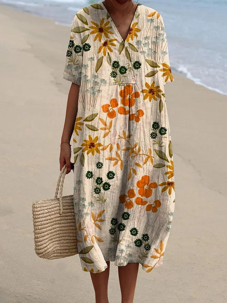Mature Women Summer Casual Floral 3D Printed Sleeve Length Skirt Shirt Dress