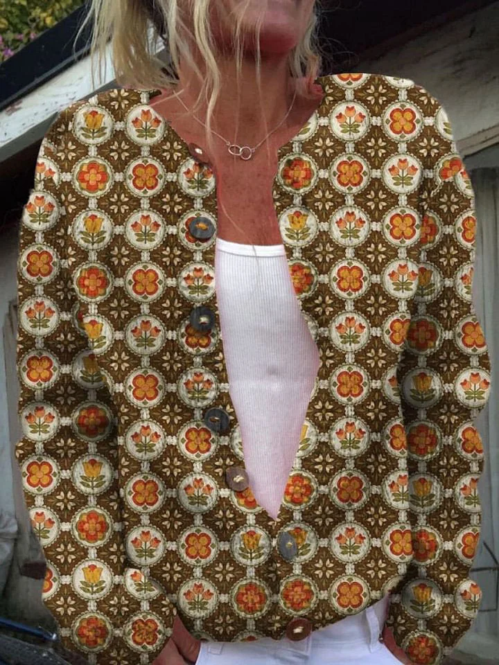Retro Floral Art Print Buttoned Cardigan Sweater
