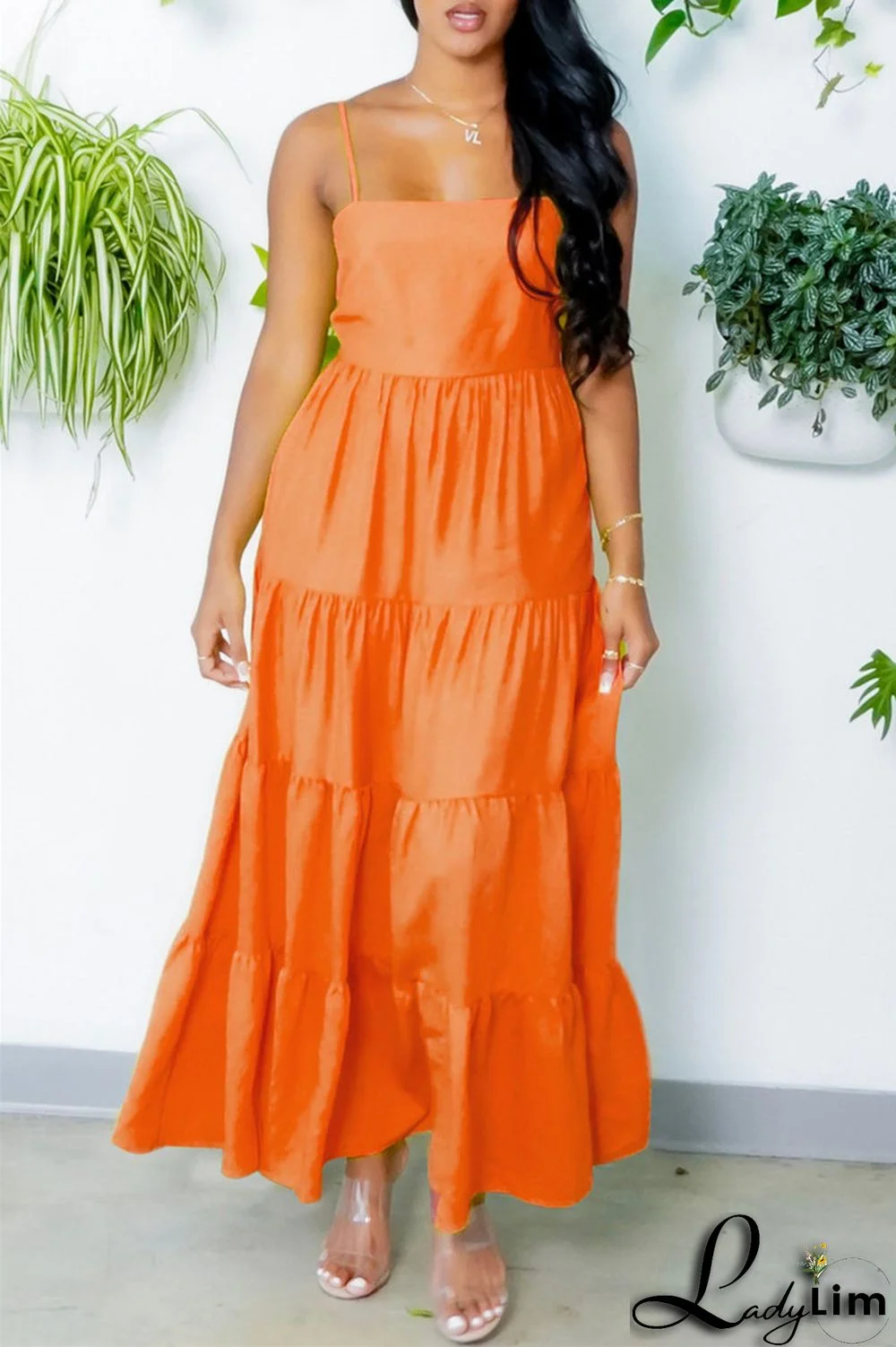 Yellow Fashion Casual Solid Backless Spaghetti Strap Long Dress