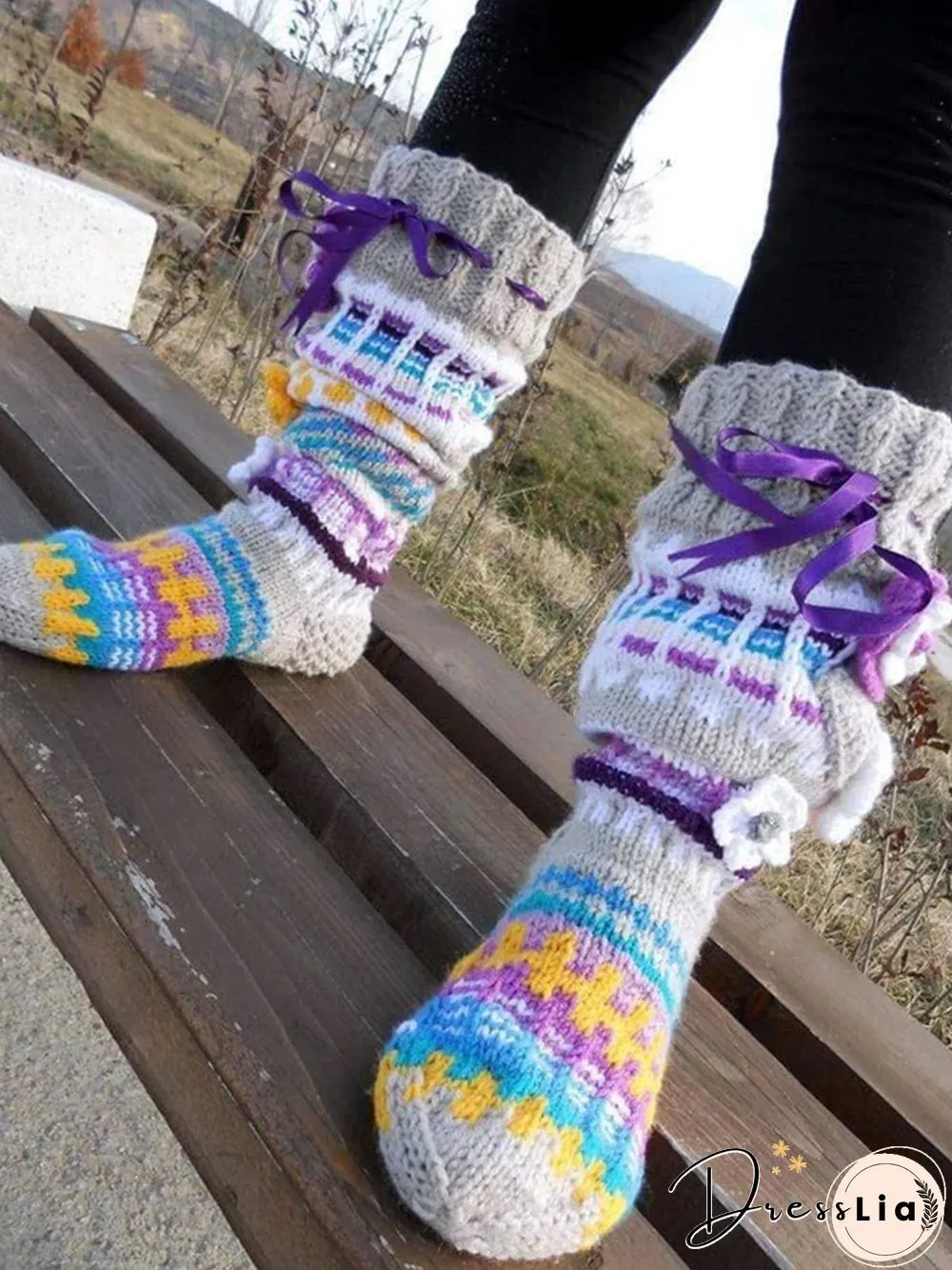 Casual Comfort Gradient Striped Floral Hand Knit Floor Socks Home Stockings