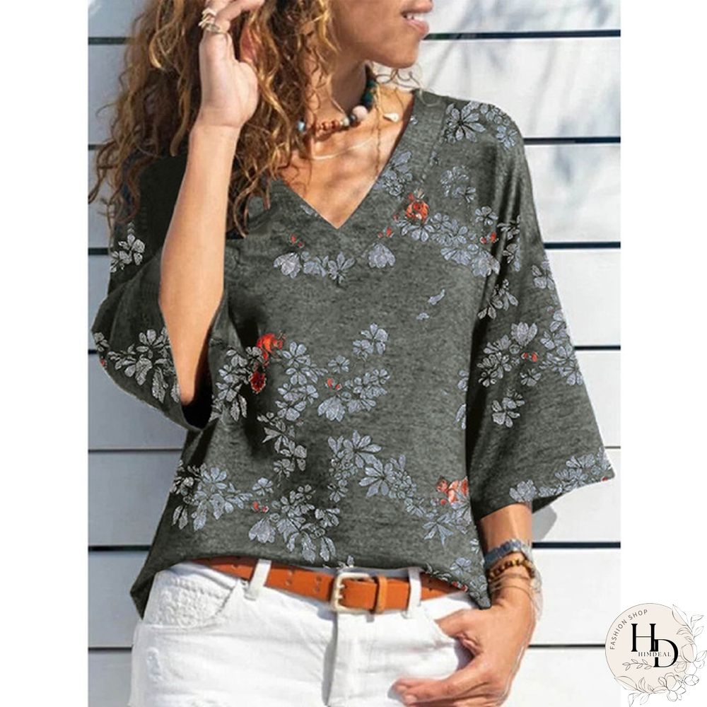 Women Fashion V Neck Autumn Tops Casual Floral Printed Three-quarter Sleeve Shirt Summer Loose T-shirt Spring Blouses