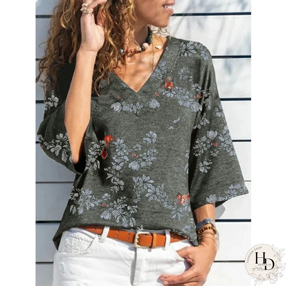 Women Fashion V Neck Autumn Tops Casual Floral Printed Three-quarter Sleeve Shirt Summer Loose T-shirt Spring Blouses