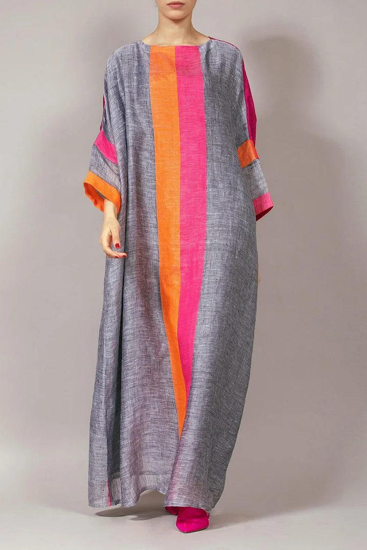 Round Neck Multicolor Stripe Print Patchwork Long Sleeve Oversized Maxi Dresses