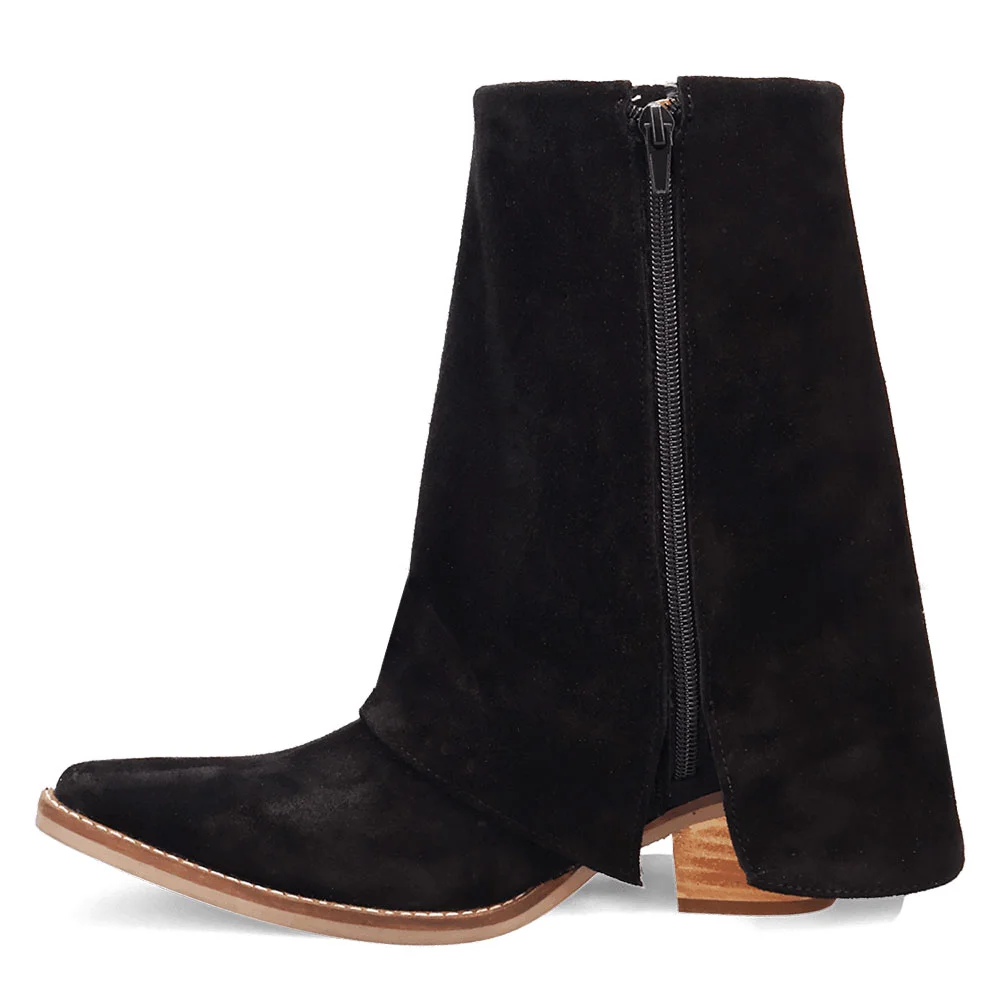 Black Vegan Suede Almond Toe Chunky Heel Fringe Fold Over Boots