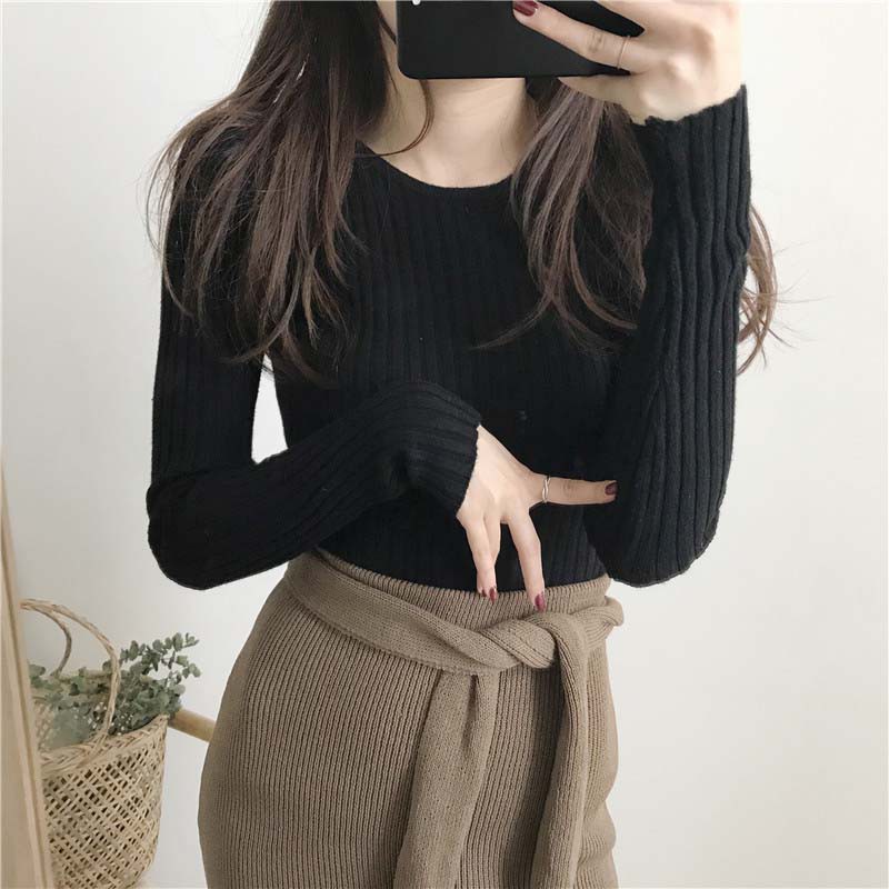 Women's Round Neck Slim Knit Pullover Sweater Solid Color Sweater Bottom Shirt Knit Tight Sweater